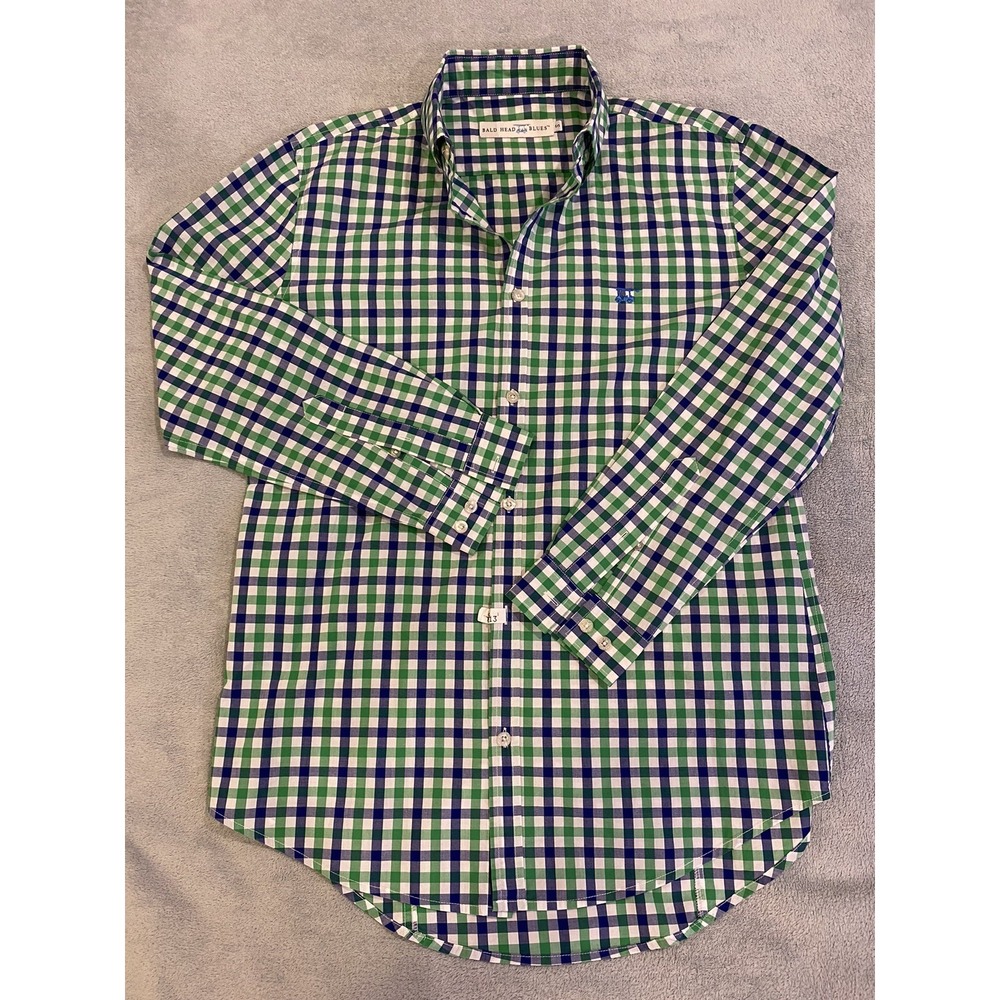 Mens Bald Head Blues Button Down Dress Shirt Long Sleeve Plaid Blue Green S